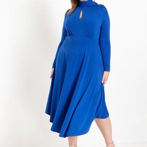 KEYHOLE MOCK NECK DRESS WITH RHINESTONE BUTTONS
